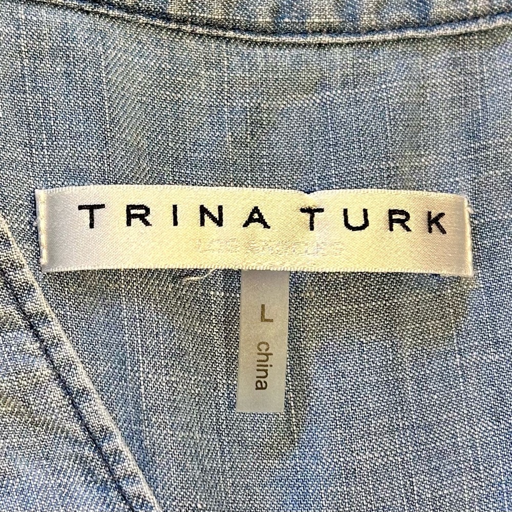 TRINA TURK Calle Ocho  Linen Blend Tie Sleeve 3 Button Front V-Neck Top~L💛 - Picture 9 of 11